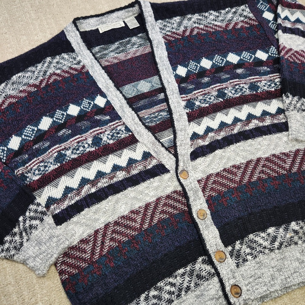 Vintage 90s Cardigan Sweater Men Large Geometric Holiday‎ Grandpa Chunky Knit